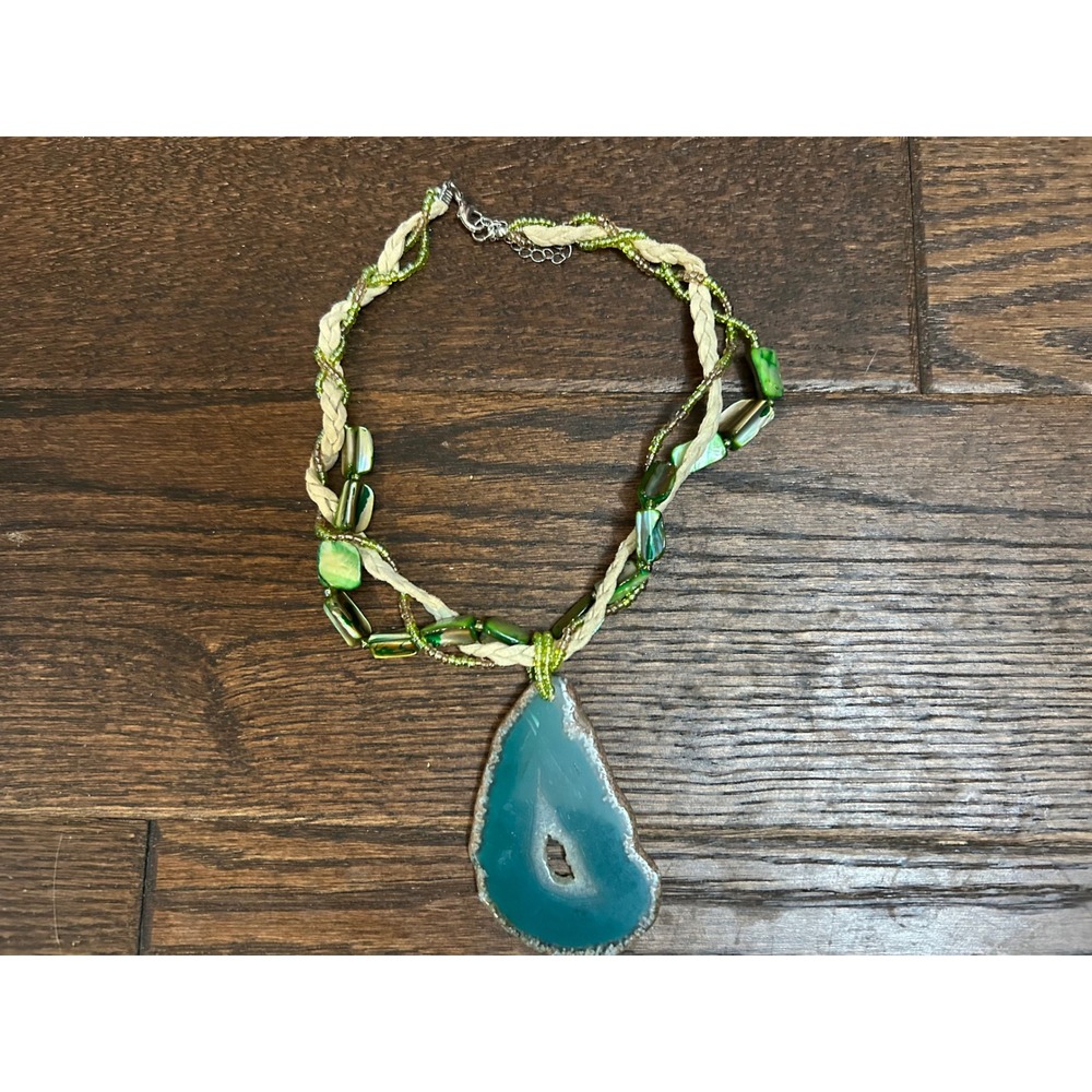 Boho Sliced Blue Agate Geode Pendant Necklace Green Shell Seed Bead Multi Strand